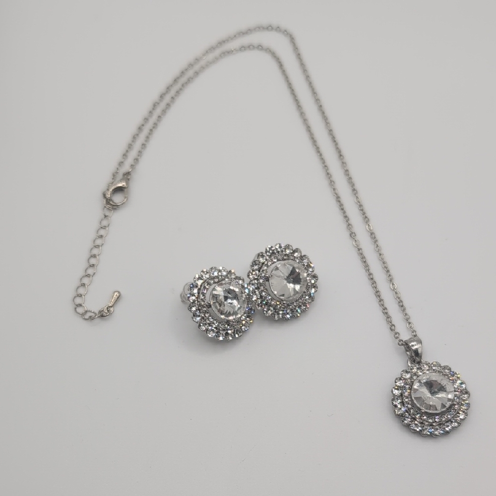 CZ Silver Plated Necklace & Pierced Earring Set